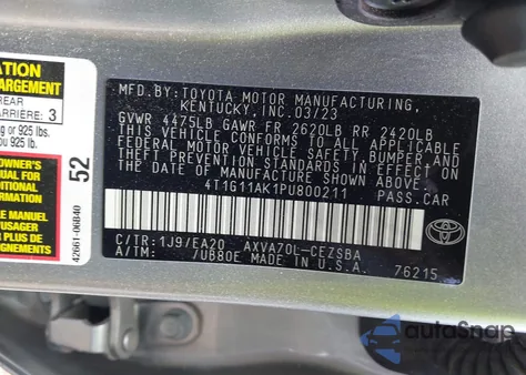 2023 Toyota Camry Se из США, поврежденный, VIN 4T1G11AK1PU800211